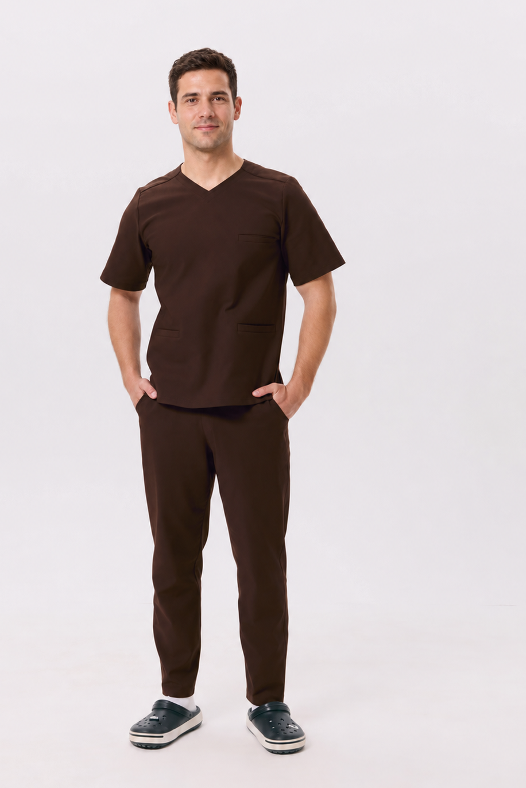 Men's straight leg scrub pants Ivo, colour dark chocolate, front