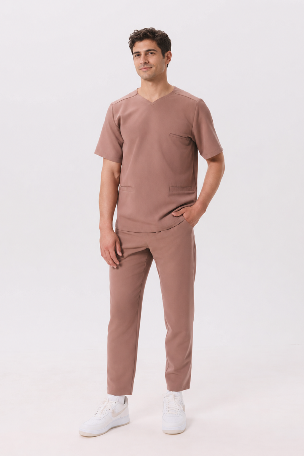 Men's straight leg scrub pants Kai, colour almond, front