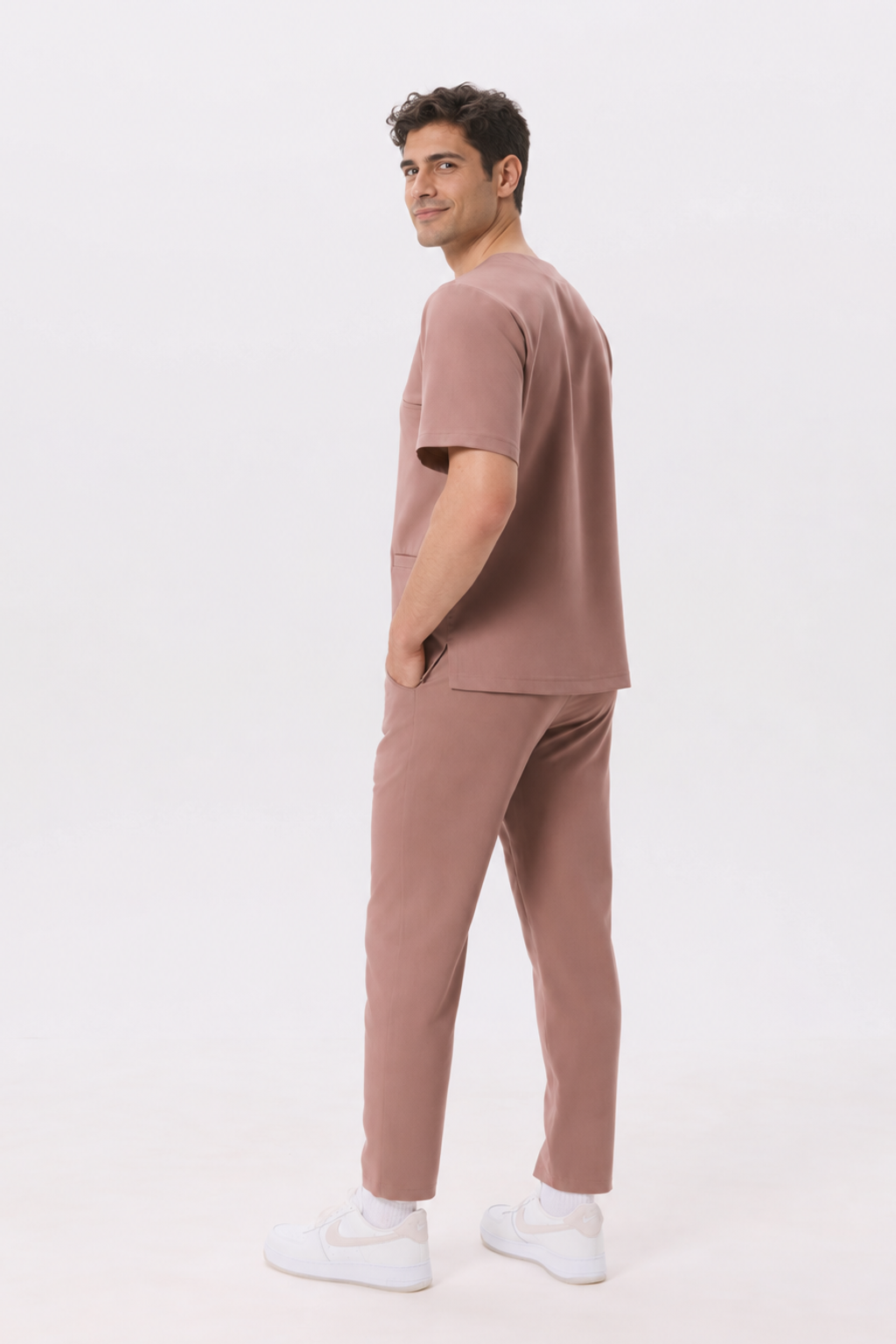 Men's straight leg scrub pants Kai, colour almond, back