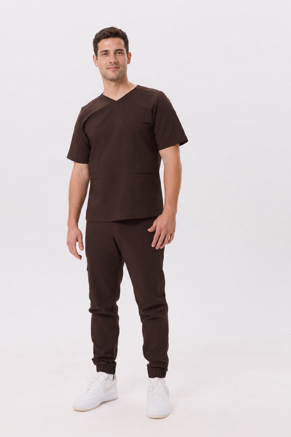 Men's cotton scrub top Max, colour dark chocolate, front