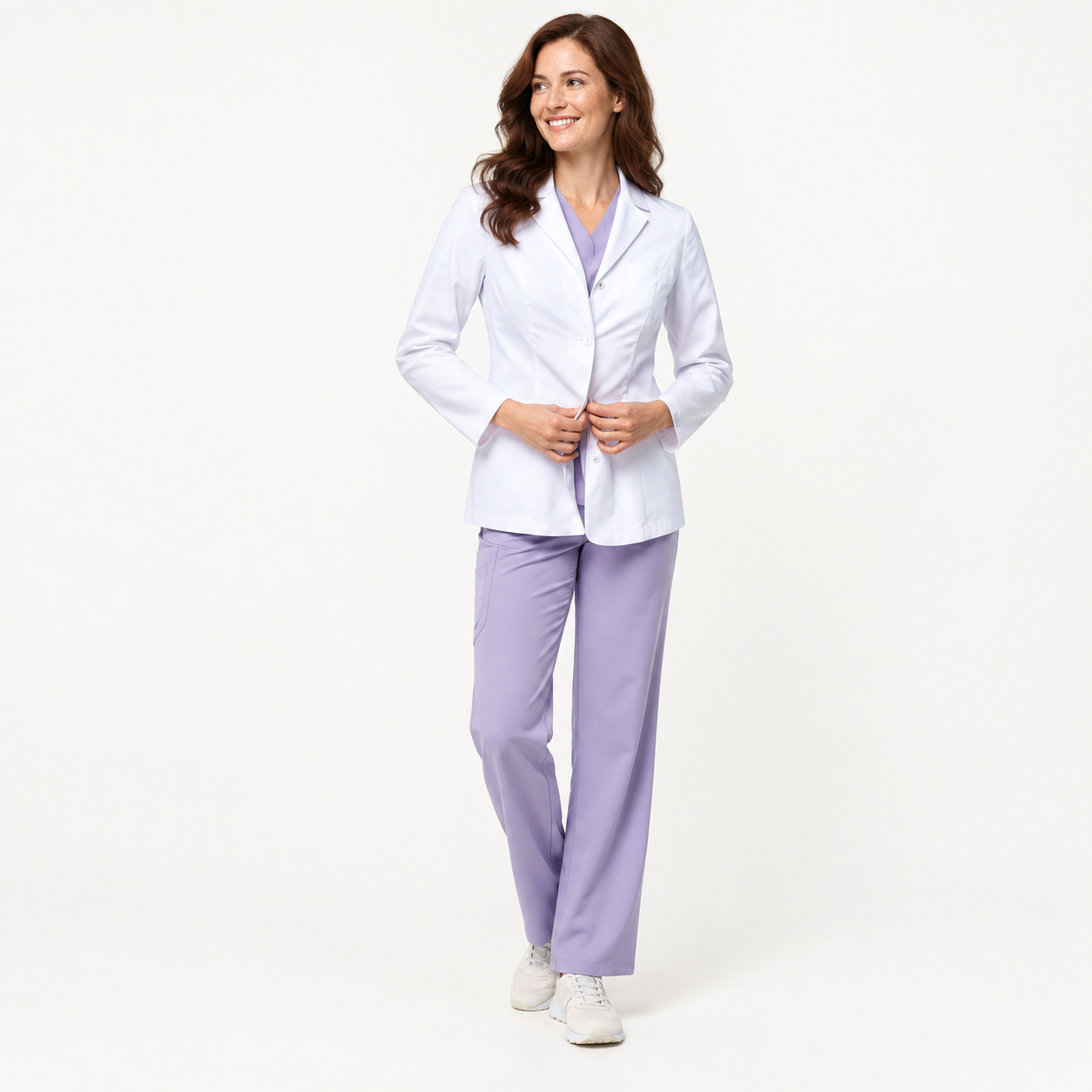 Women's short lab coat Nora, colour white, front