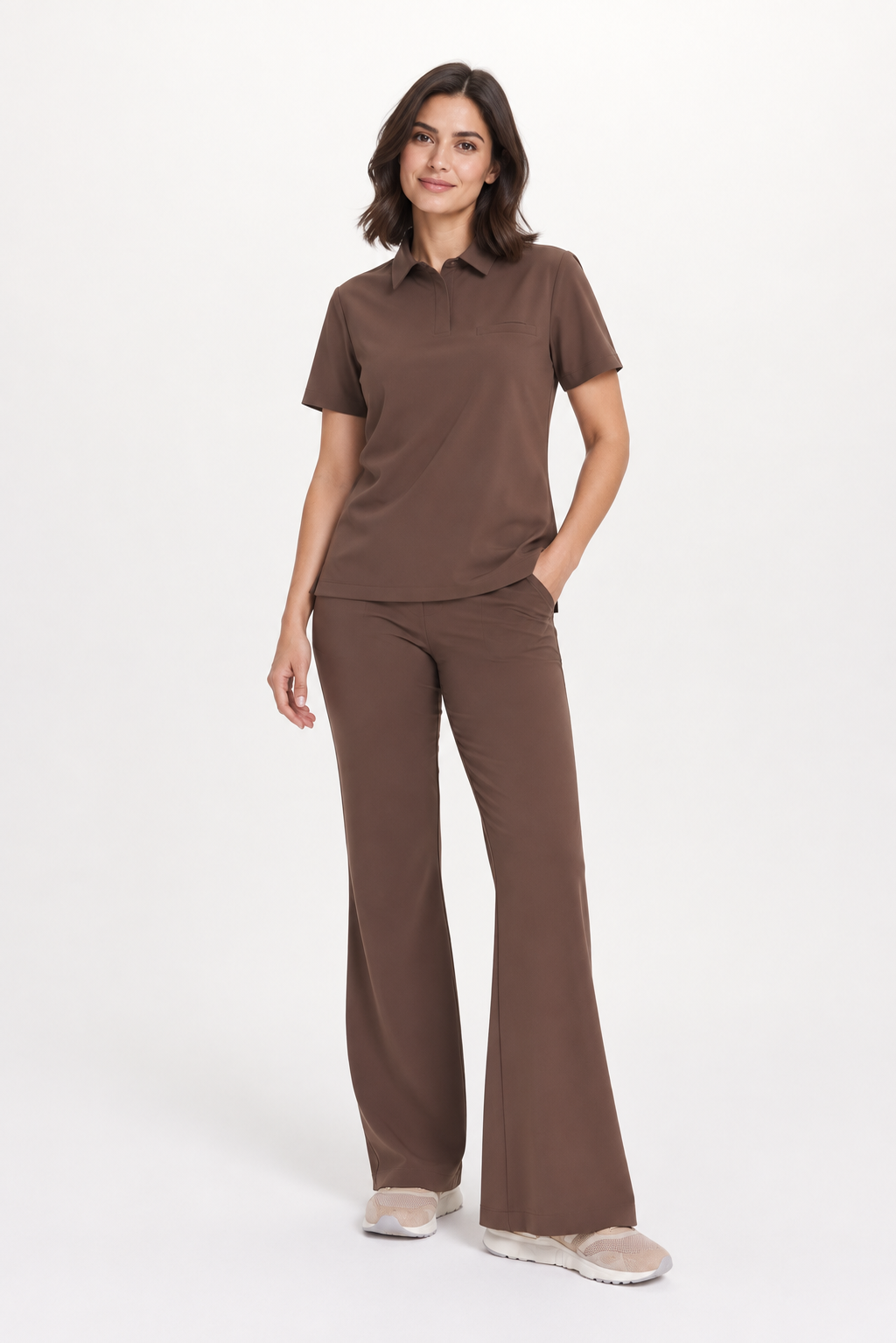 Women's flare scrub pants Iris, colour espresso, front