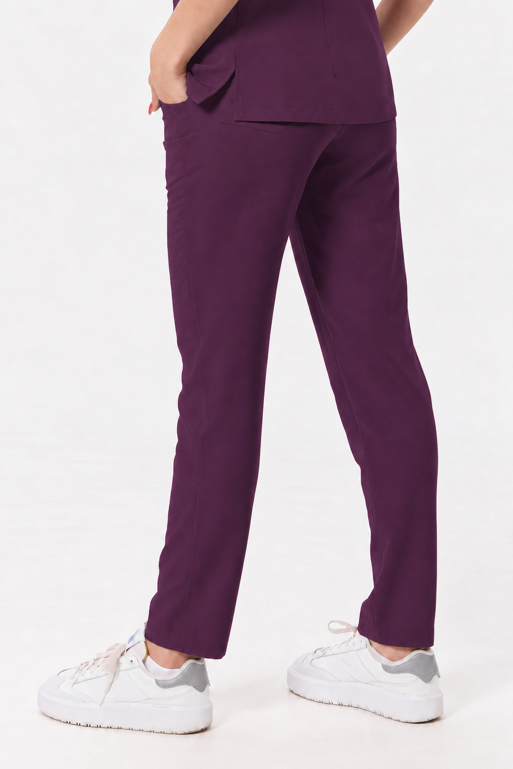 Women's straight leg scrub pants Zara, colour aubergine, side
