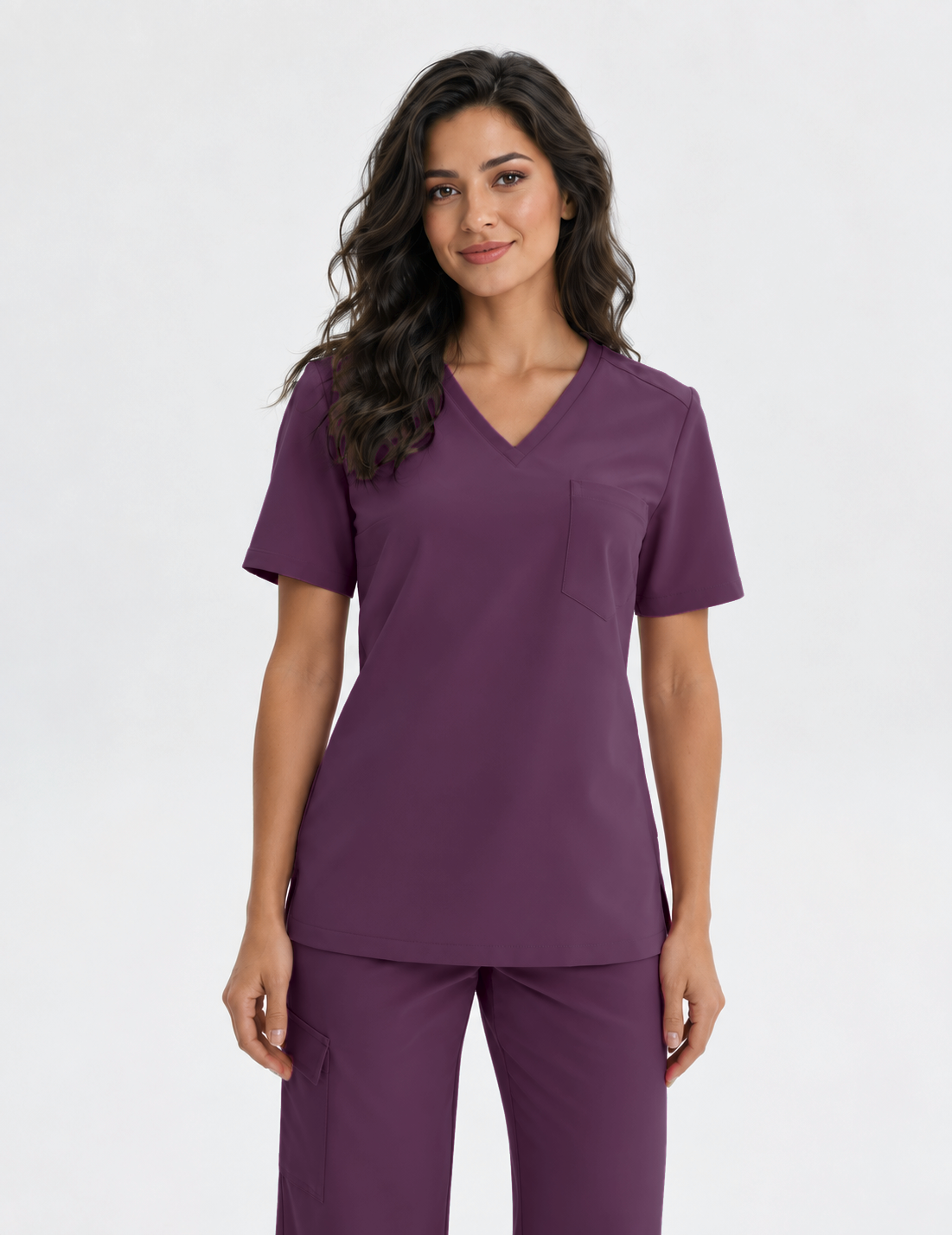 Women's V-neck scrub top Aura, colour aubergine, front