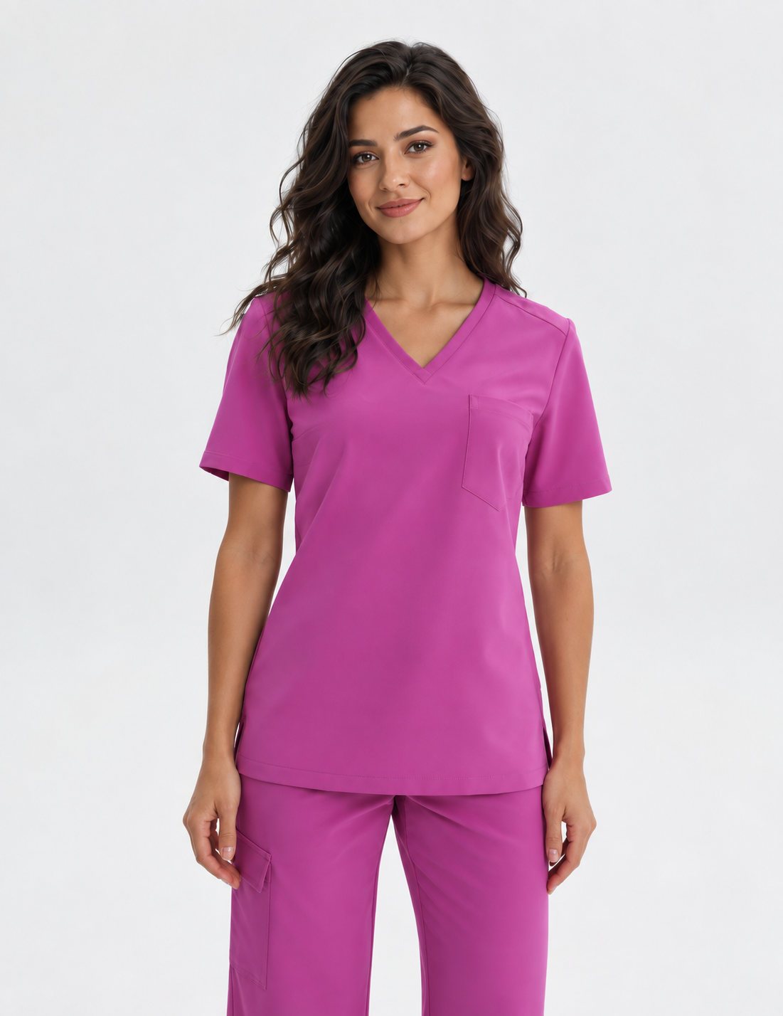 Women's V-neck scrub top Aura, colour amaranth, front