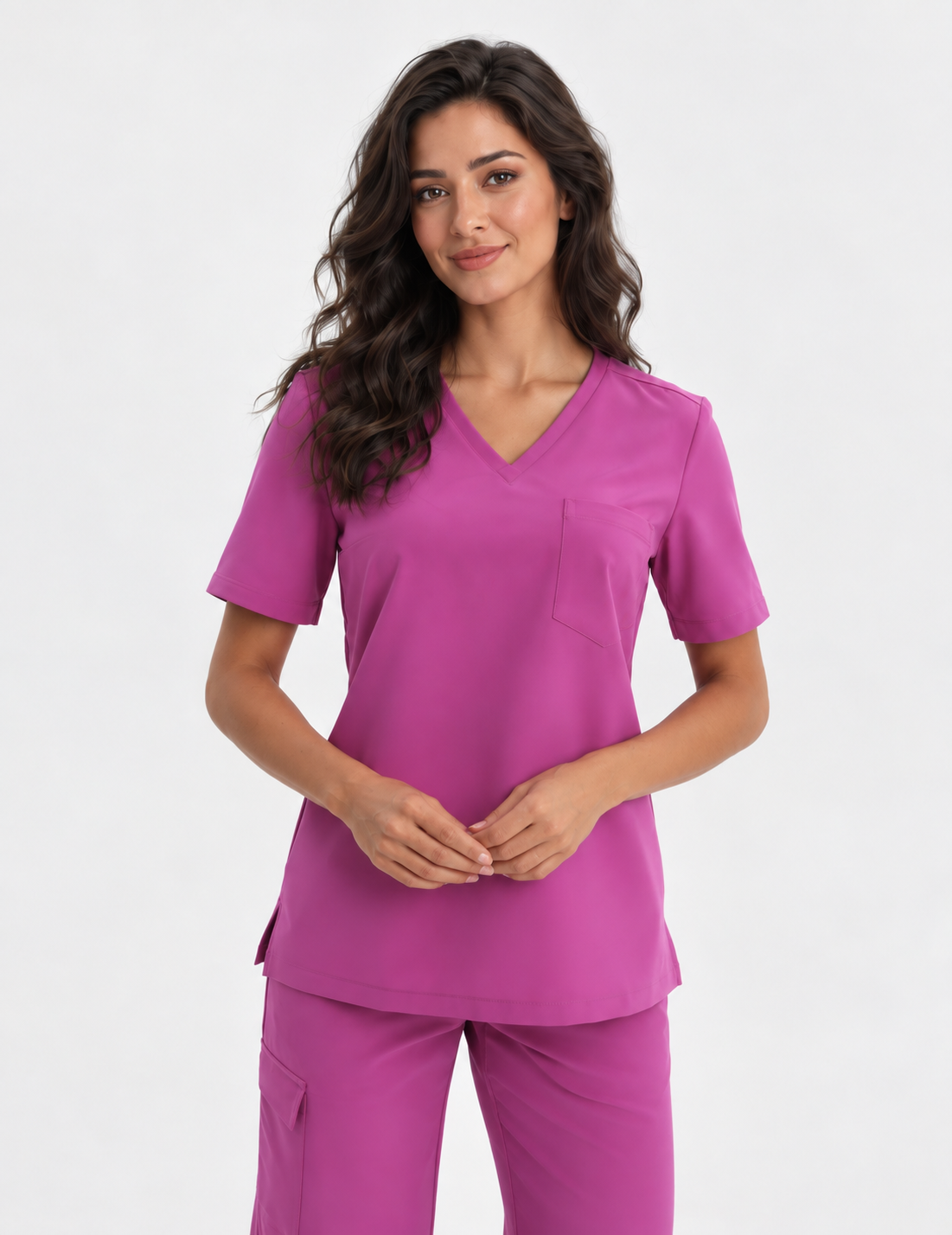 Women's V-neck scrub top Aura, colour amaranth, front