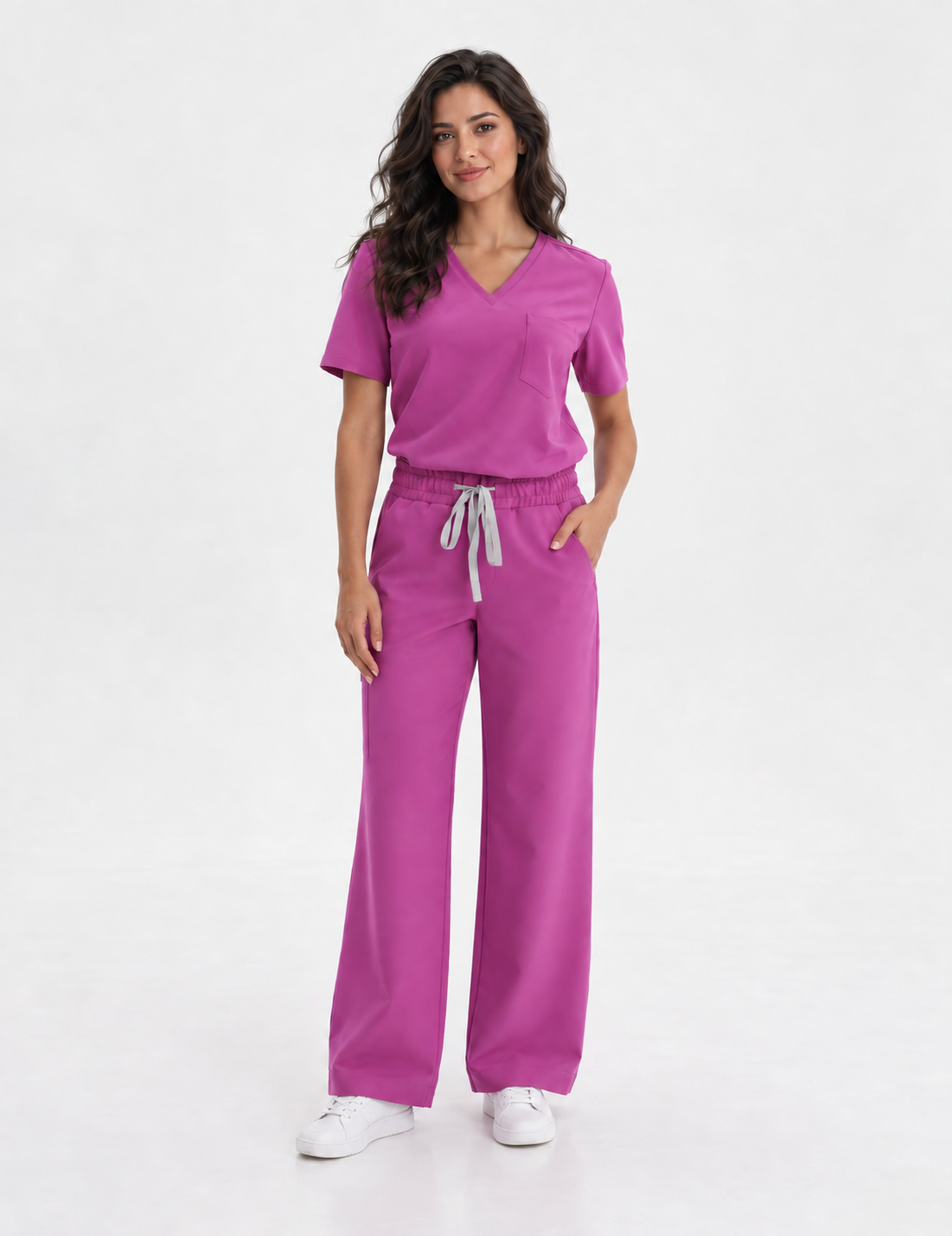 Women's V-neck scrub top Aura, colour amaranth, front