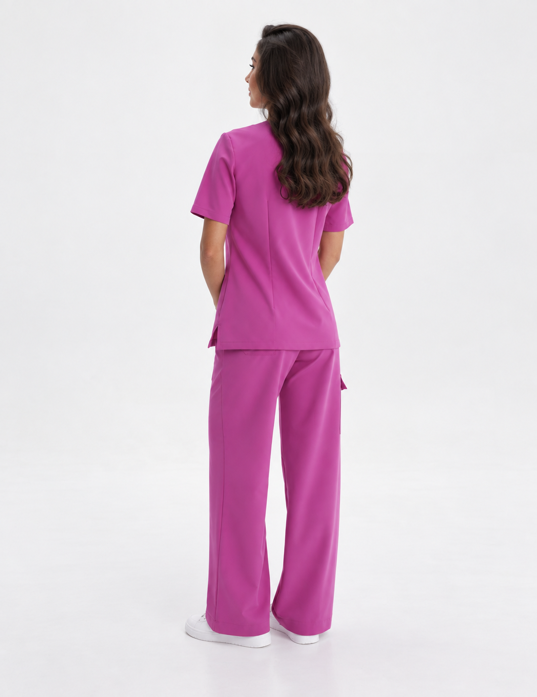 Women's V-neck scrub top Aura, colour amaranth, back