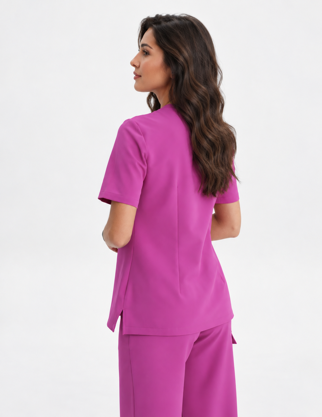 Women's V-neck scrub top Aura, colour amaranth, back
