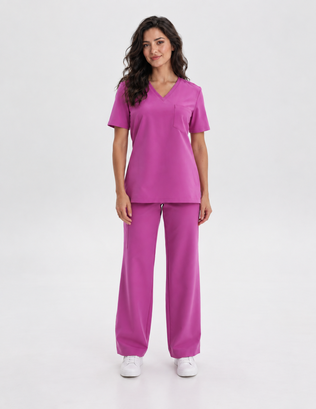 Women's V-neck scrub top Aura, colour amaranth, front