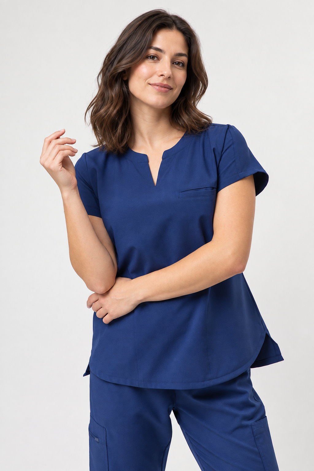Women's mandarin collar scrub top Eva, colour cornflower blue, three-quarter view