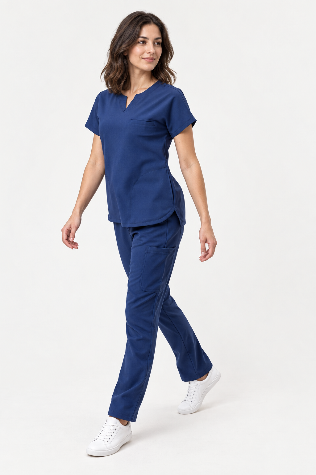 Women's mandarin collar scrub top Eva, colour cornflower blue, three-quarter view