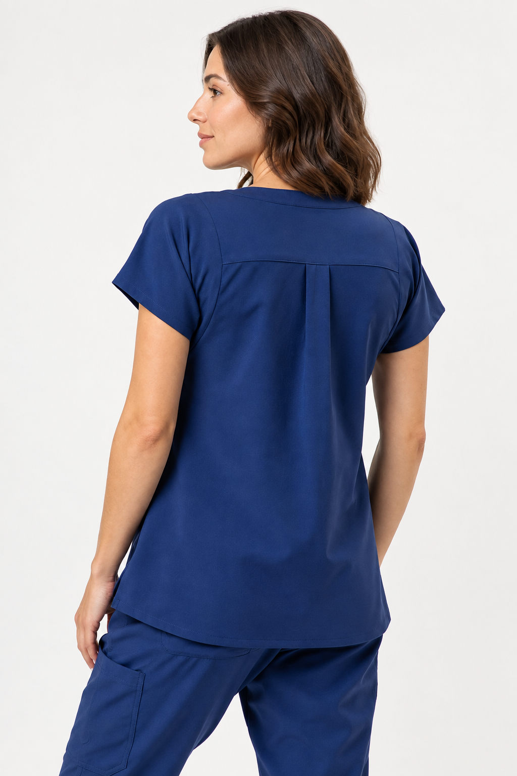 Women's mandarin collar scrub top Eva, colour cornflower blue, back