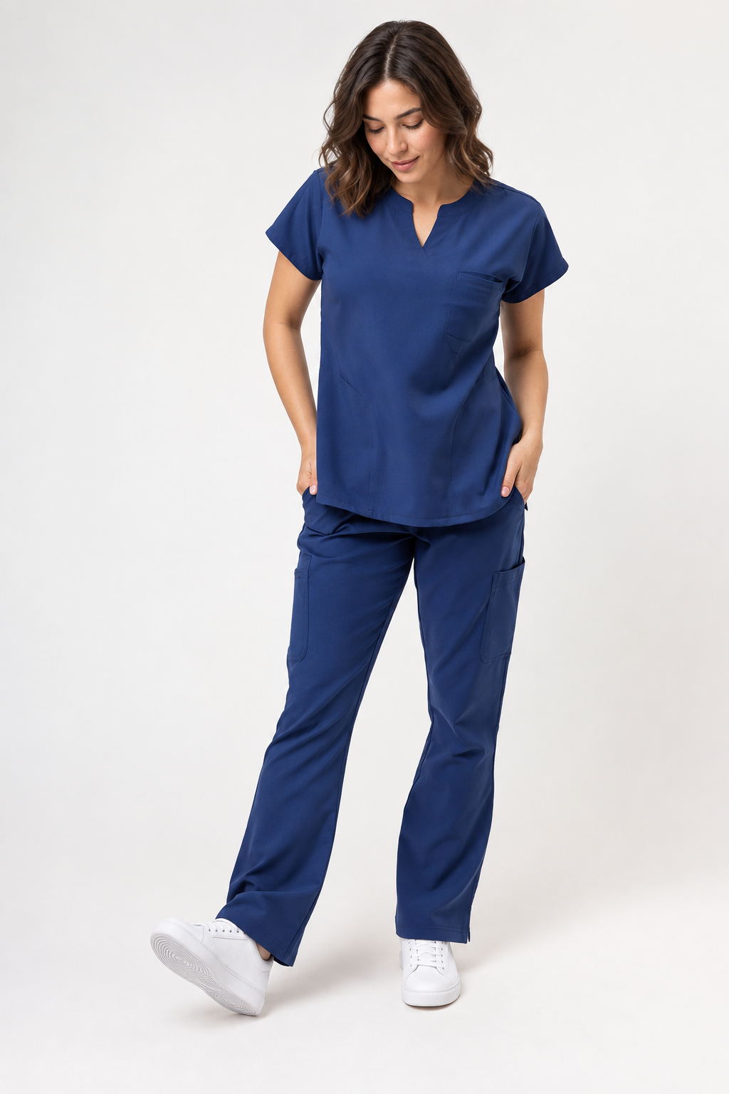 Women's mandarin collar scrub top Eva, colour cornflower blue, front