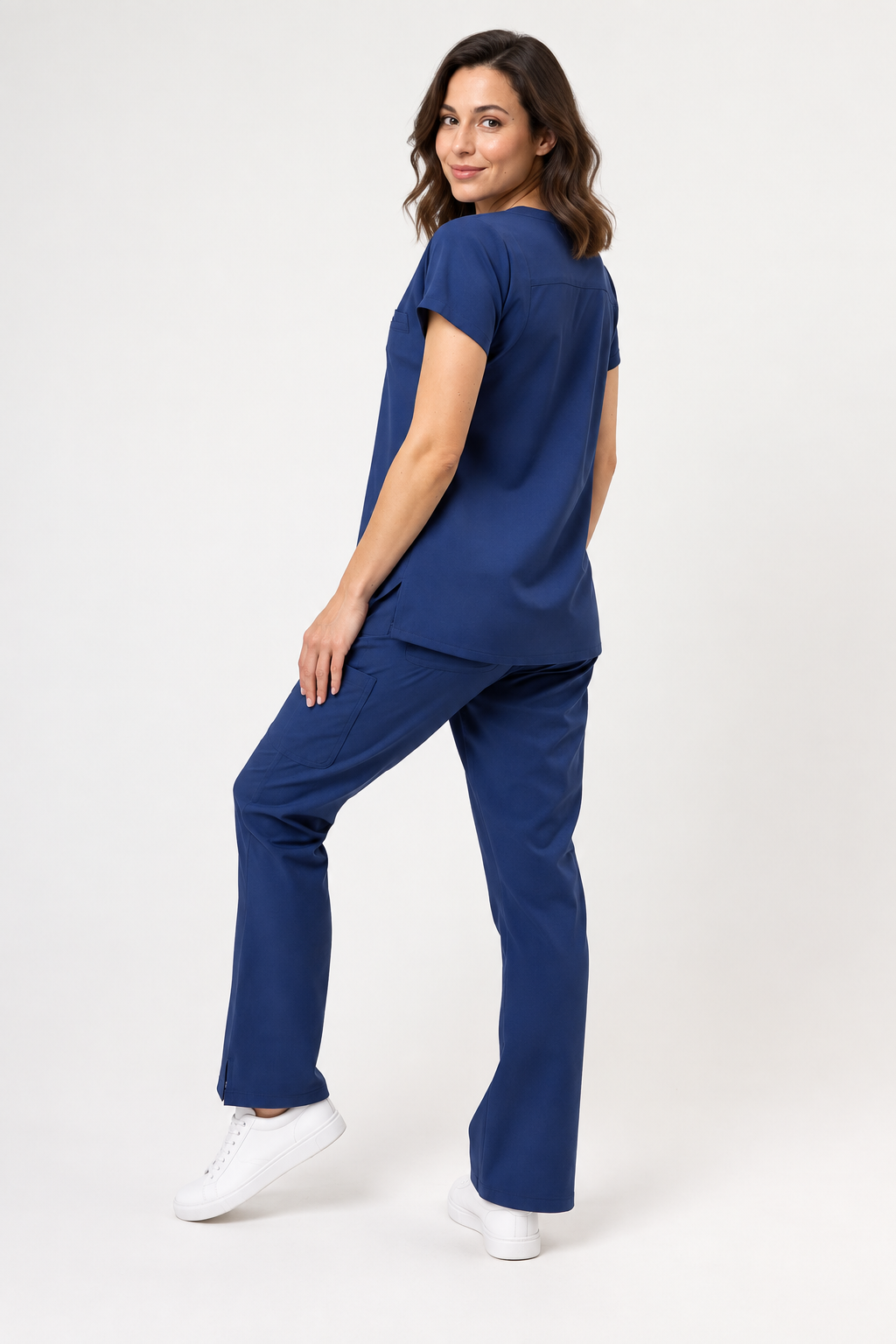Women's mandarin collar scrub top Eva, colour cornflower blue, back