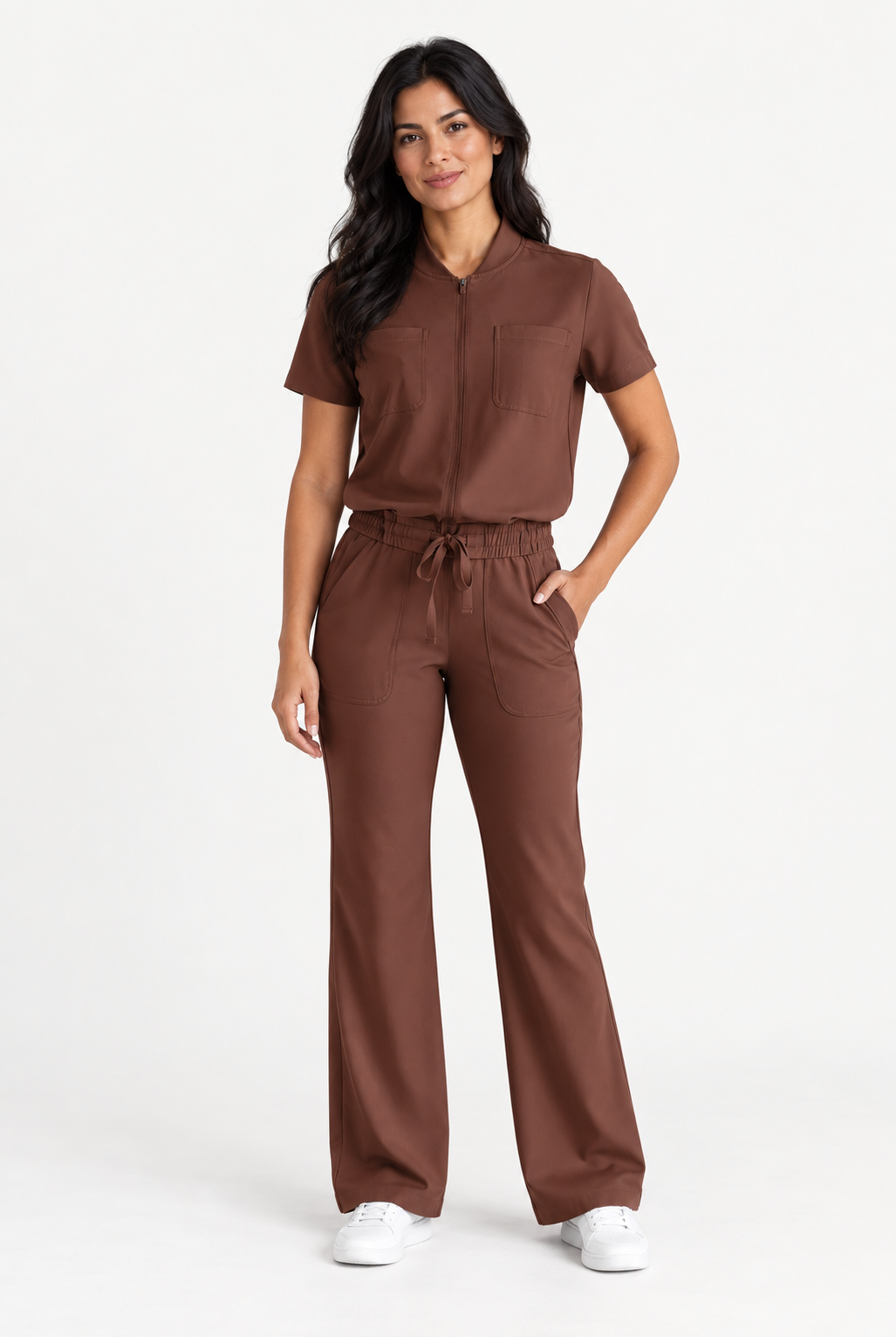 Women's scrub top with pocket Lea, colour chocolate, front