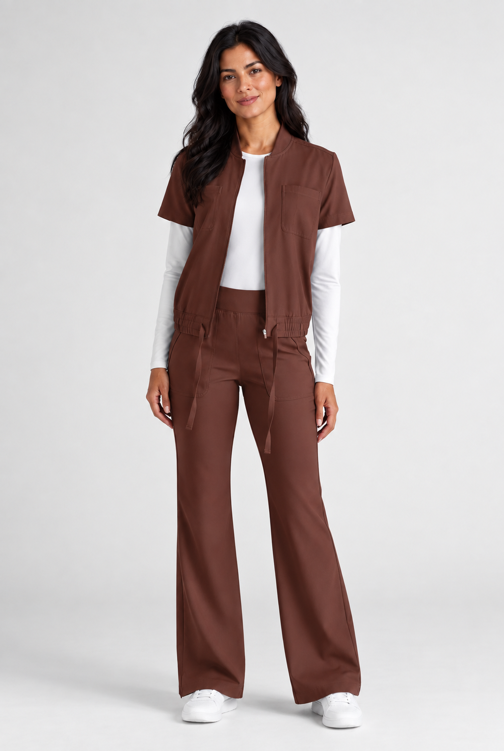 Women's scrub top with pocket Lea, colour chocolate, front