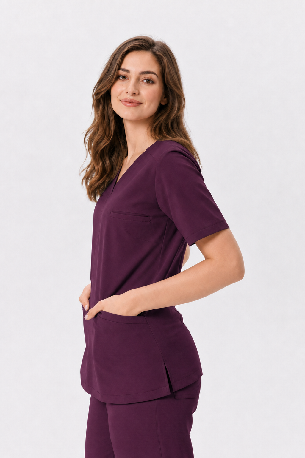 Women's V-neck scrub top Livia, colour aubergine, three-quarter view