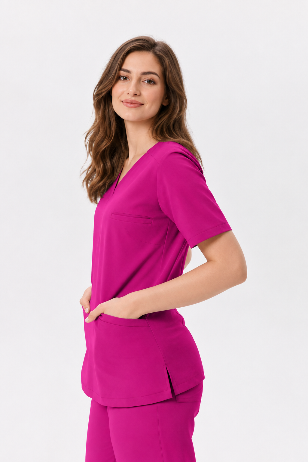 Women's V-neck scrub top Livia, colour amaranth, three-quarter view
