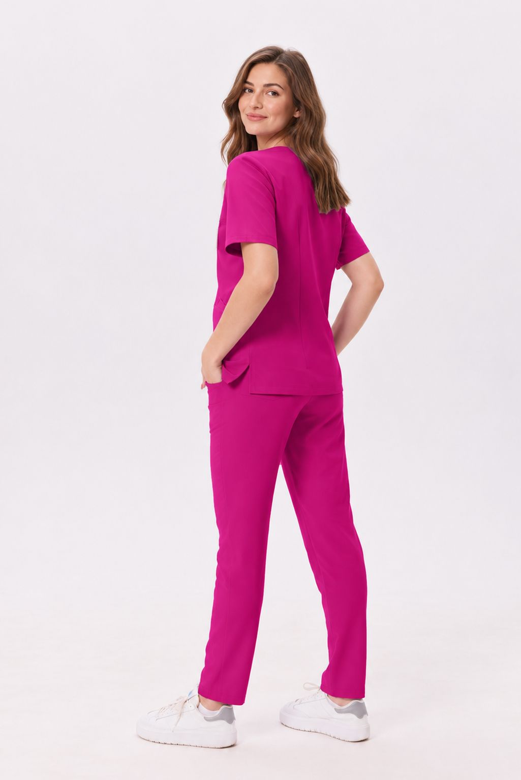 Women's V-neck scrub top Livia, colour amaranth, back