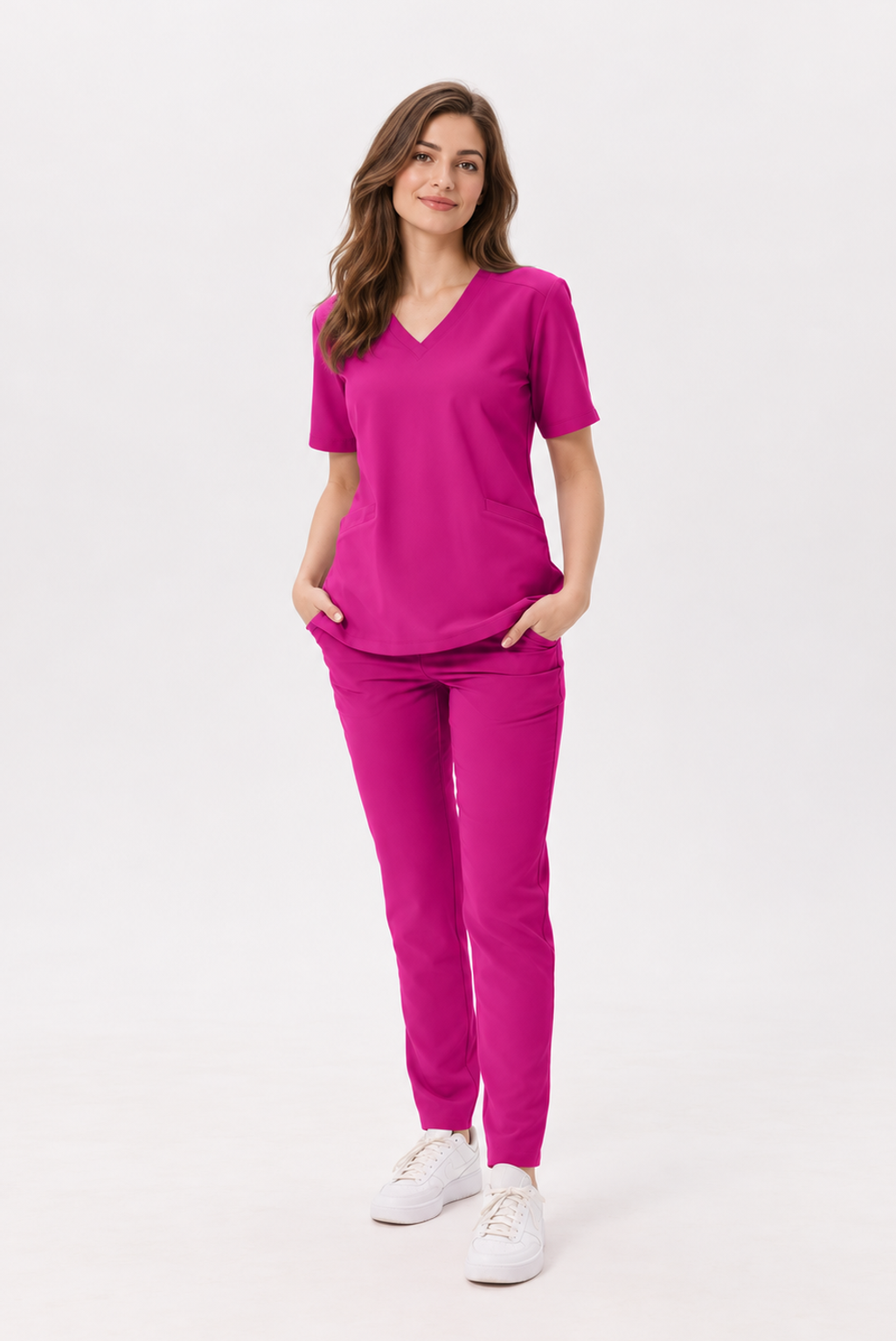 Women's V-neck scrub top Livia, colour amaranth, front