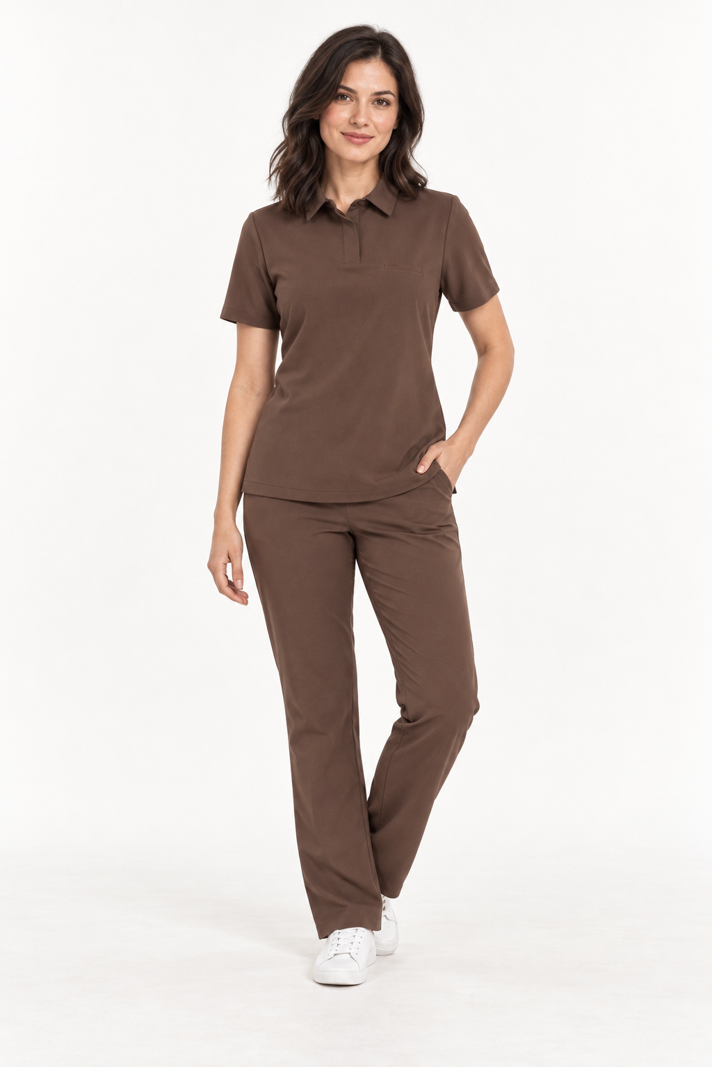 Women's polo collar scrub top Tara, colour espresso, front