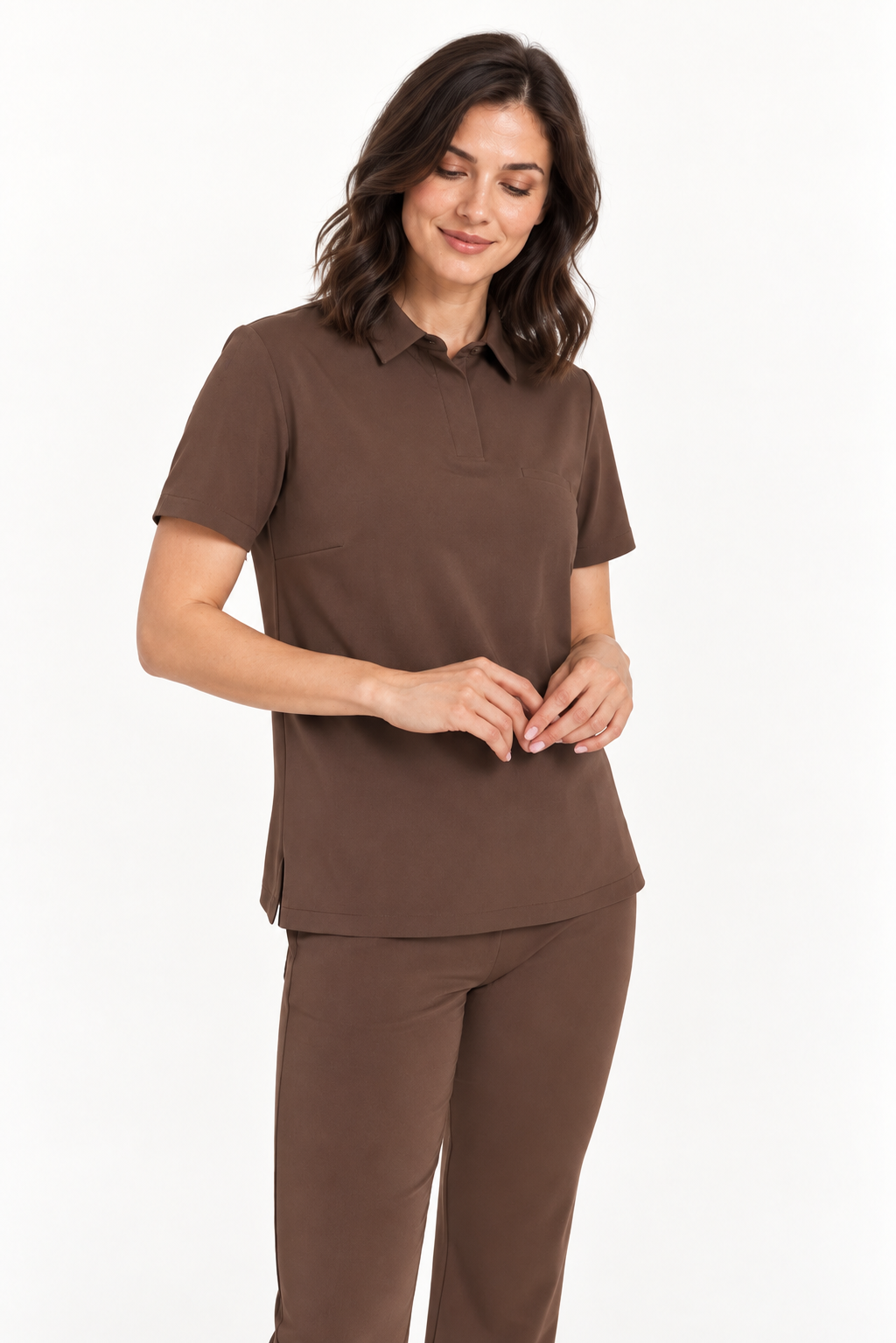 Women's polo collar scrub top Tara, colour espresso, front