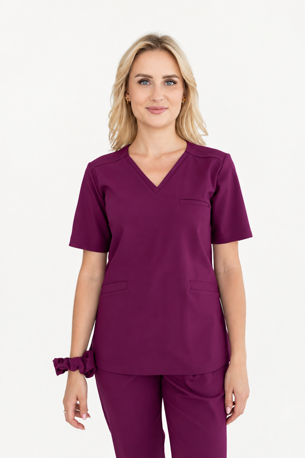 Women's V-neck scrub top Vera, colour plum, front