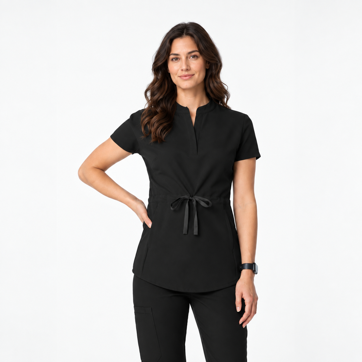 Women's mandarin collar scrub top Zoja, colour black, front
