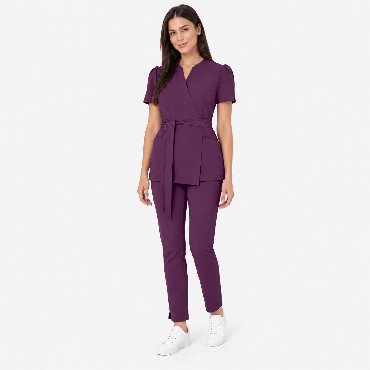 Women's wrap medical tunic Cleo, colour aubergine, front
