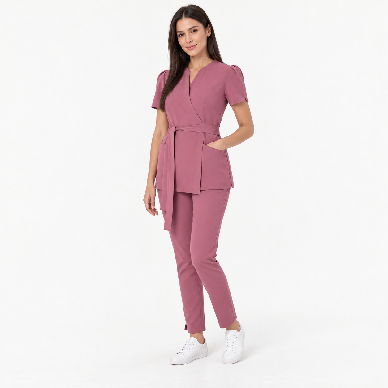 Women's wrap medical tunic Cleo, colour dusty pink, three-quarter view