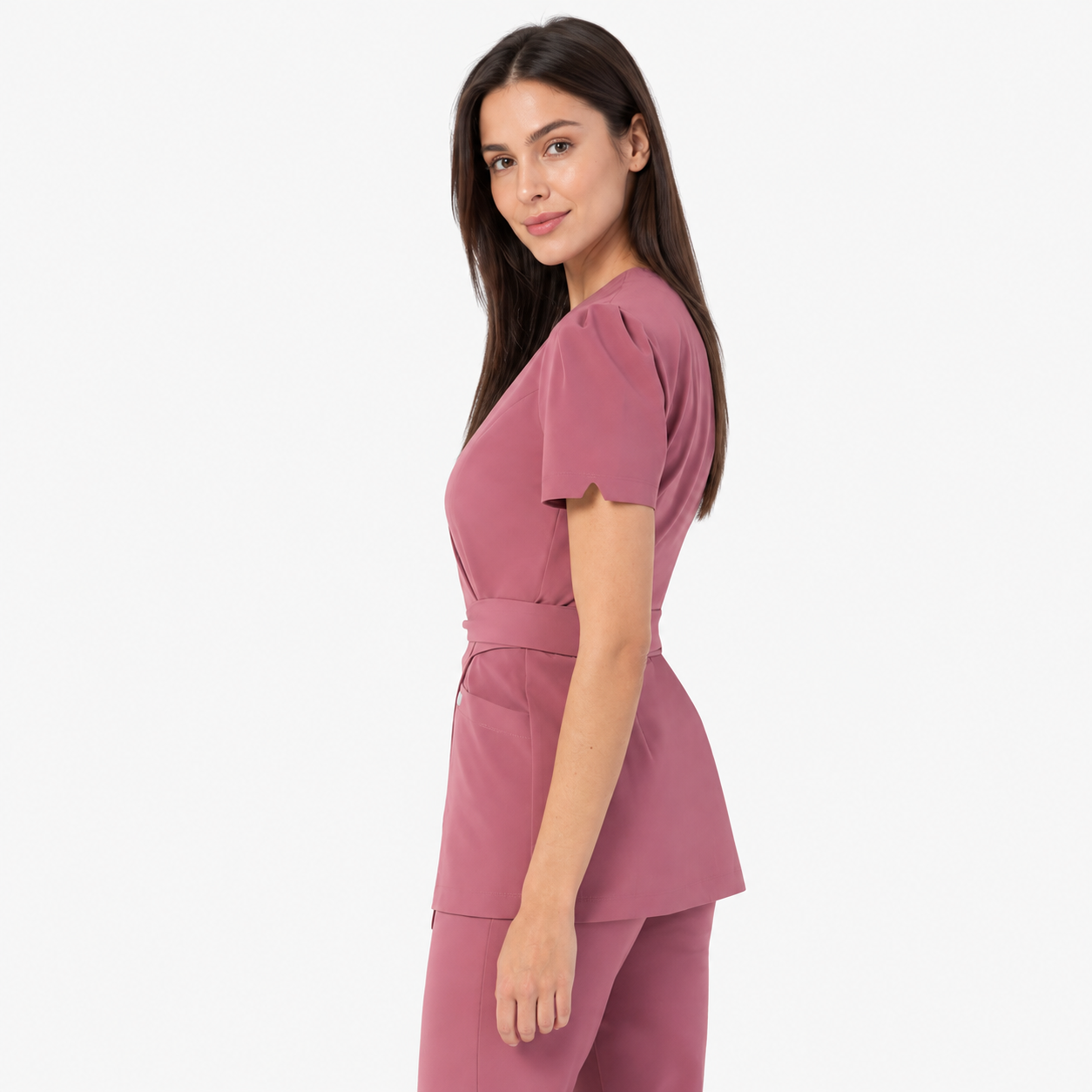 Women's wrap medical tunic Cleo, colour dusty pink, side