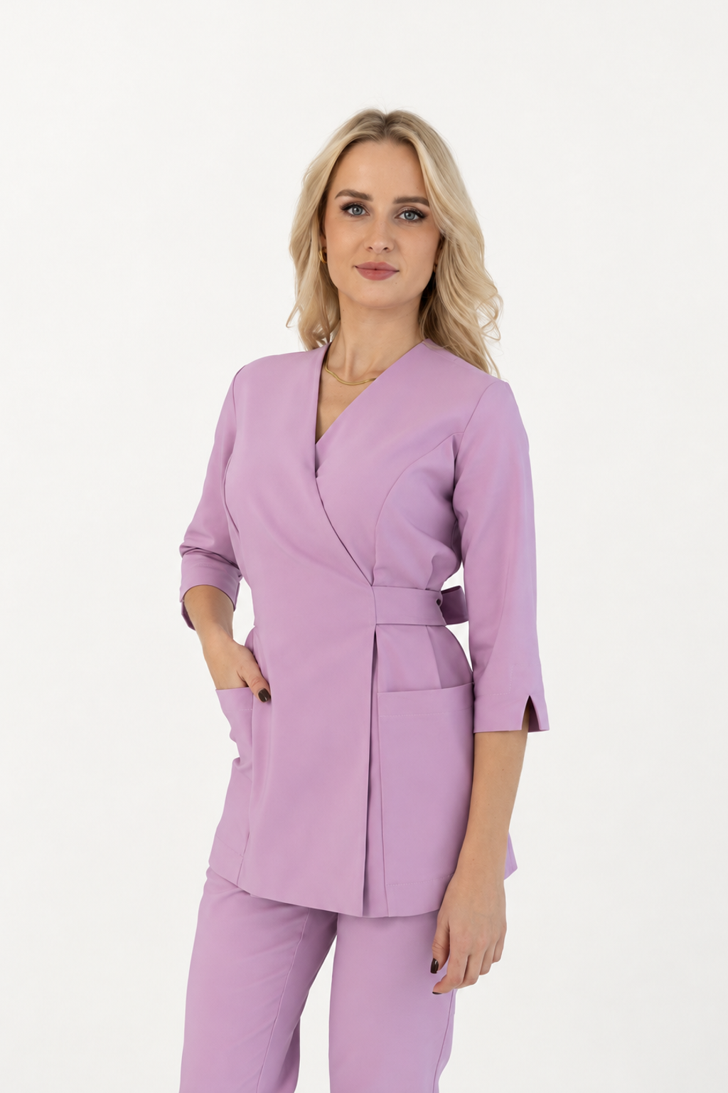Women's wrap medical tunic Ana, colour pink, three-quarter view