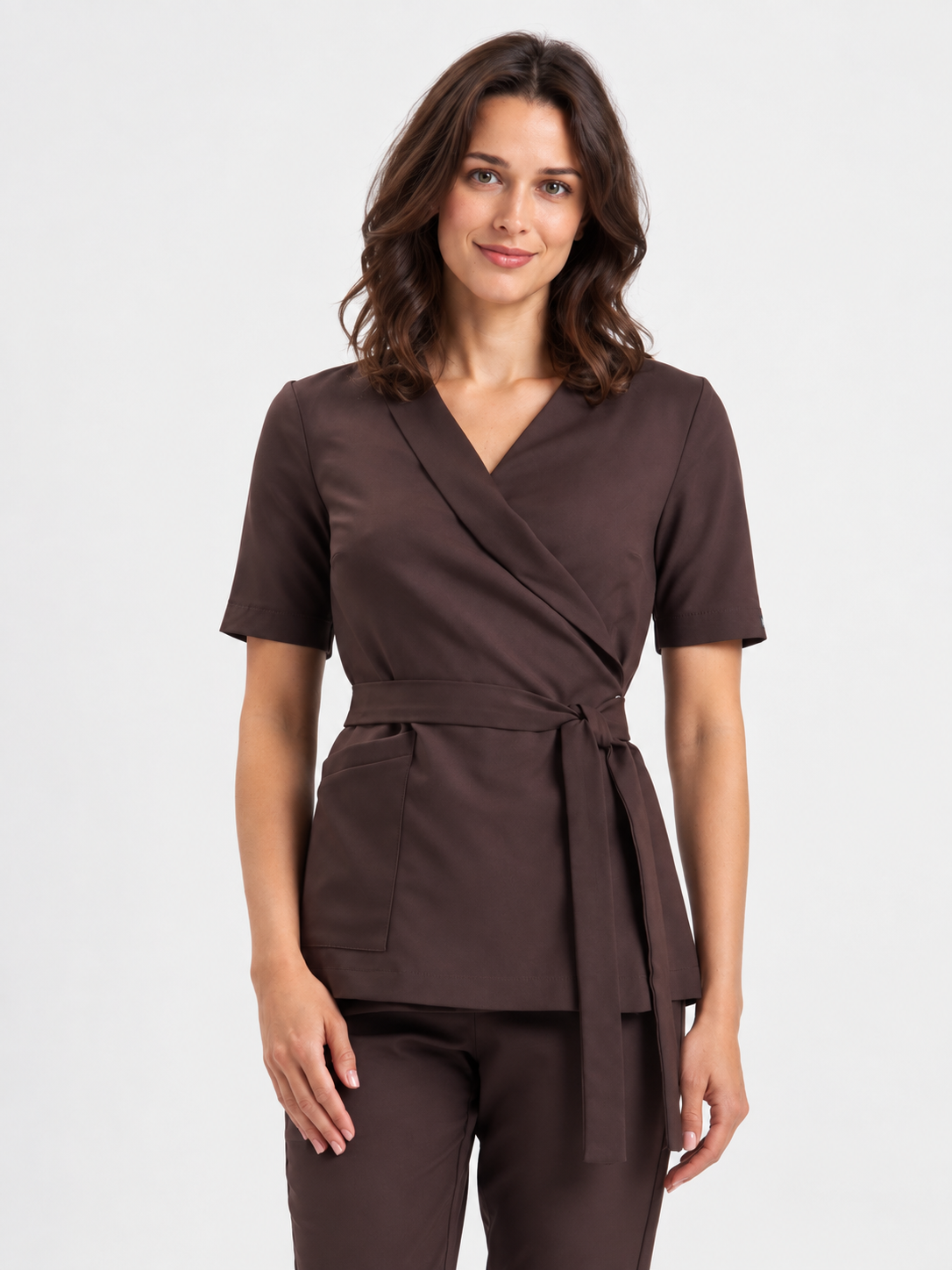 Women's wrap medical tunic Emma, colour dark chocolate, front