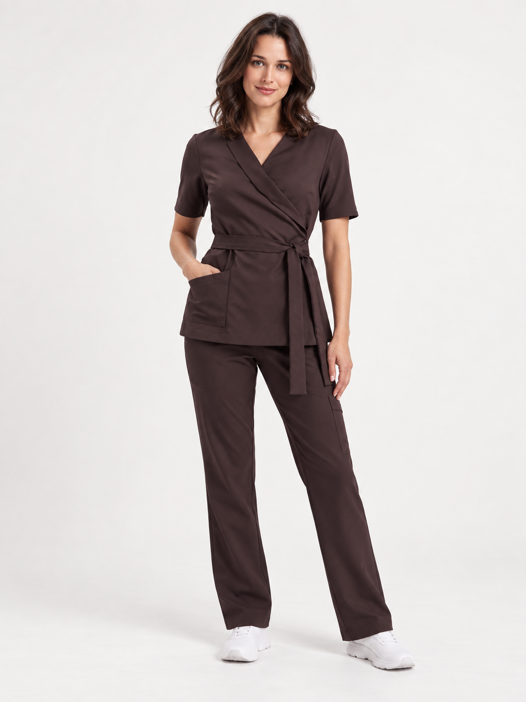 Women's wrap medical tunic Emma, colour dark chocolate, front
