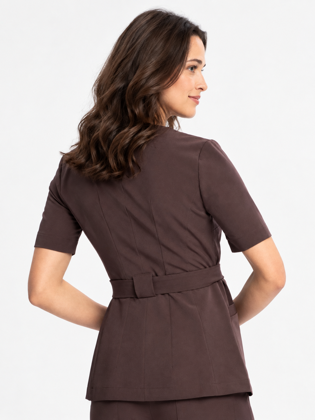 Women's wrap medical tunic Emma, colour dark chocolate, back