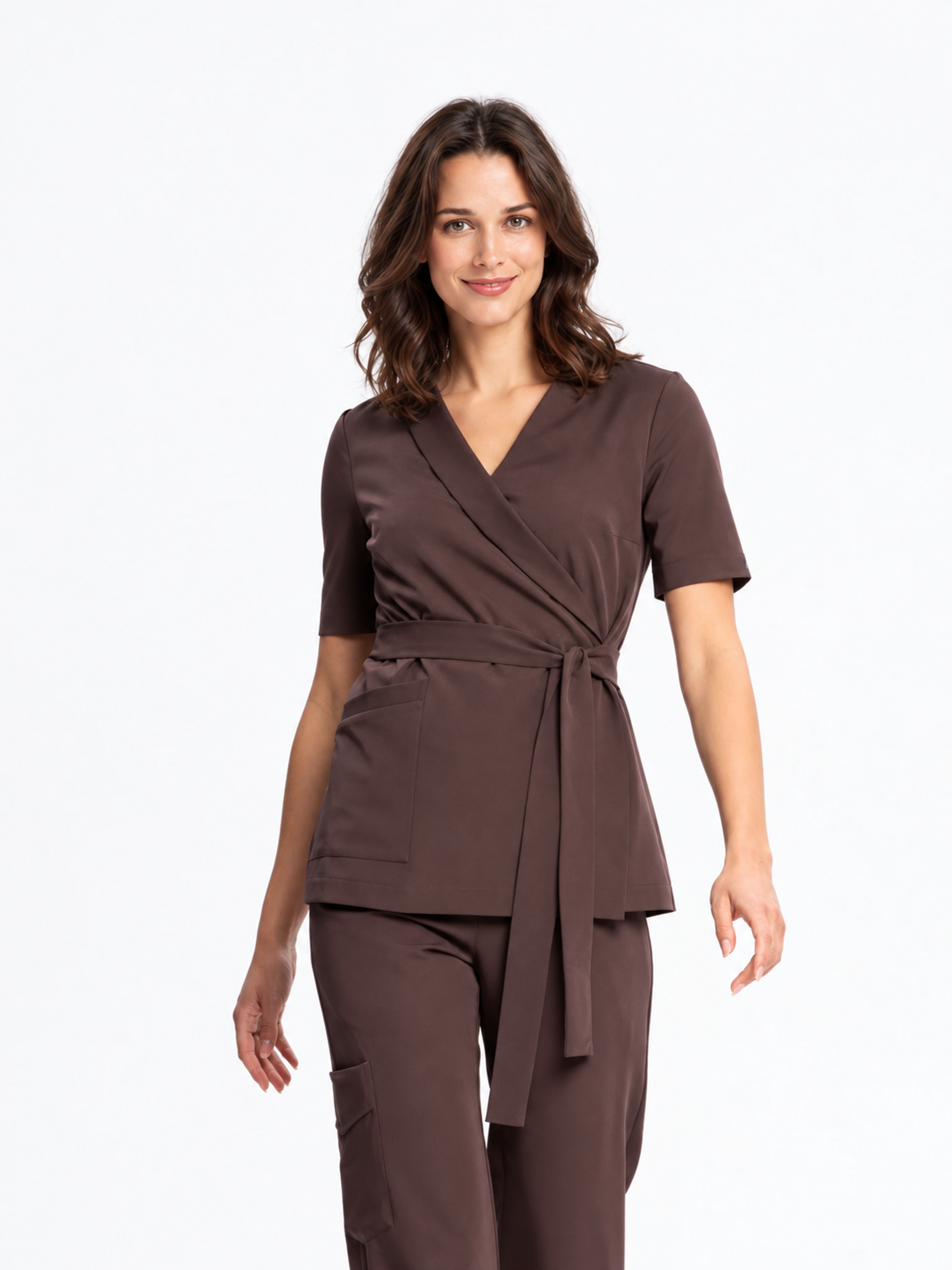 Women's wrap medical tunic Emma, colour dark chocolate, front